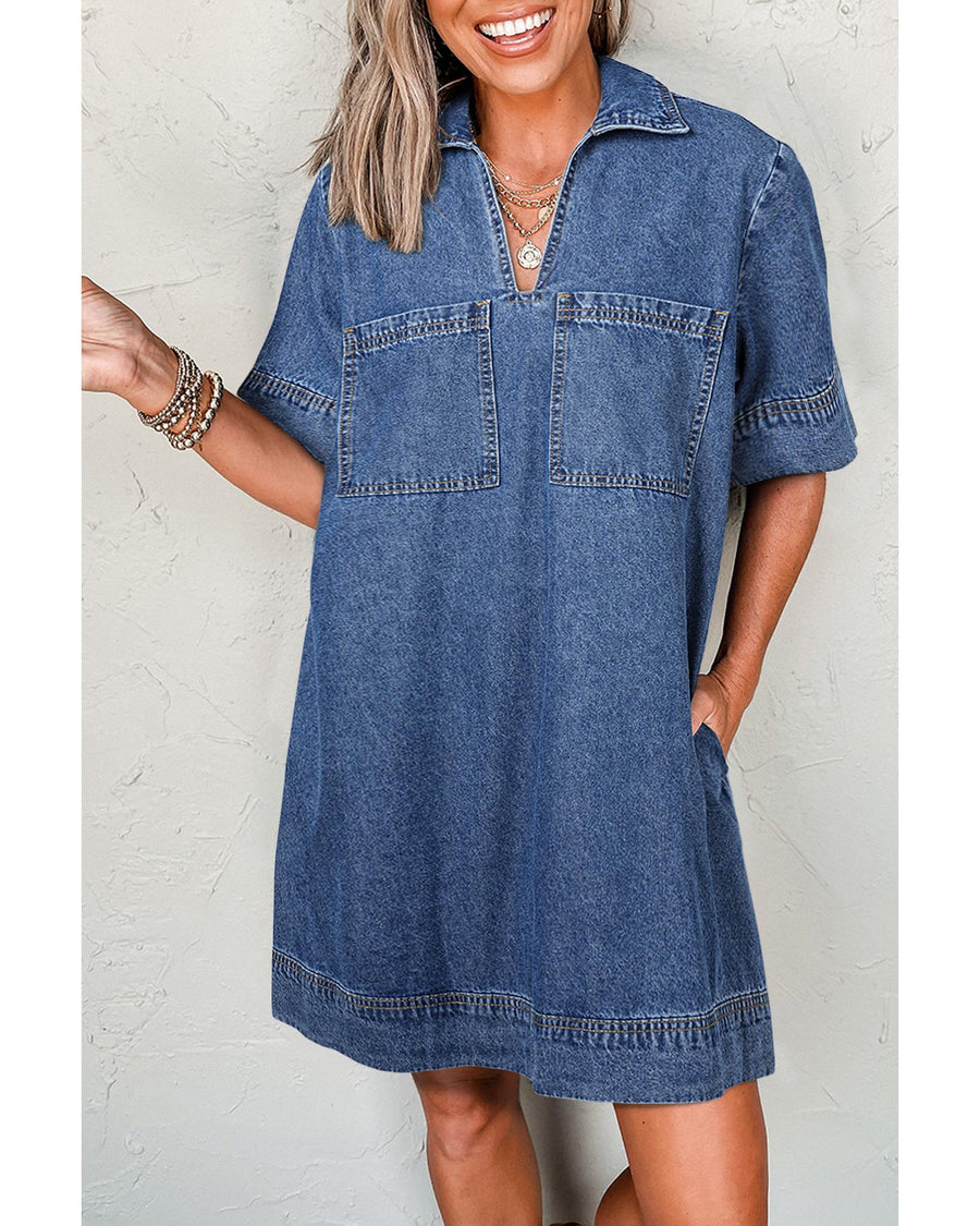 Blue Short Sleeve Collared Patched Pocket Denim Mini Dress - M