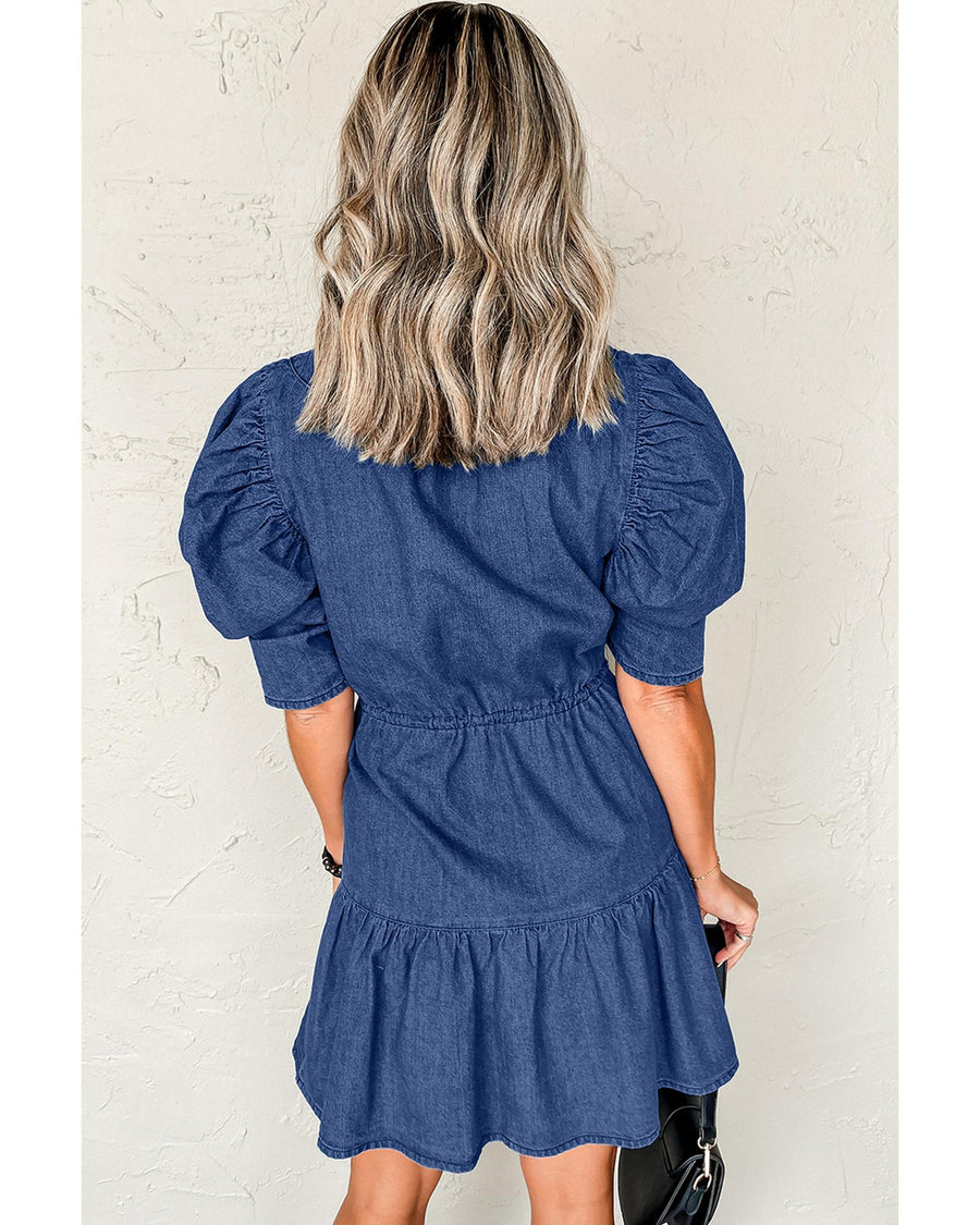 Blue Drawstring High Waist Puff Sleeve Denim Mini Dress - L