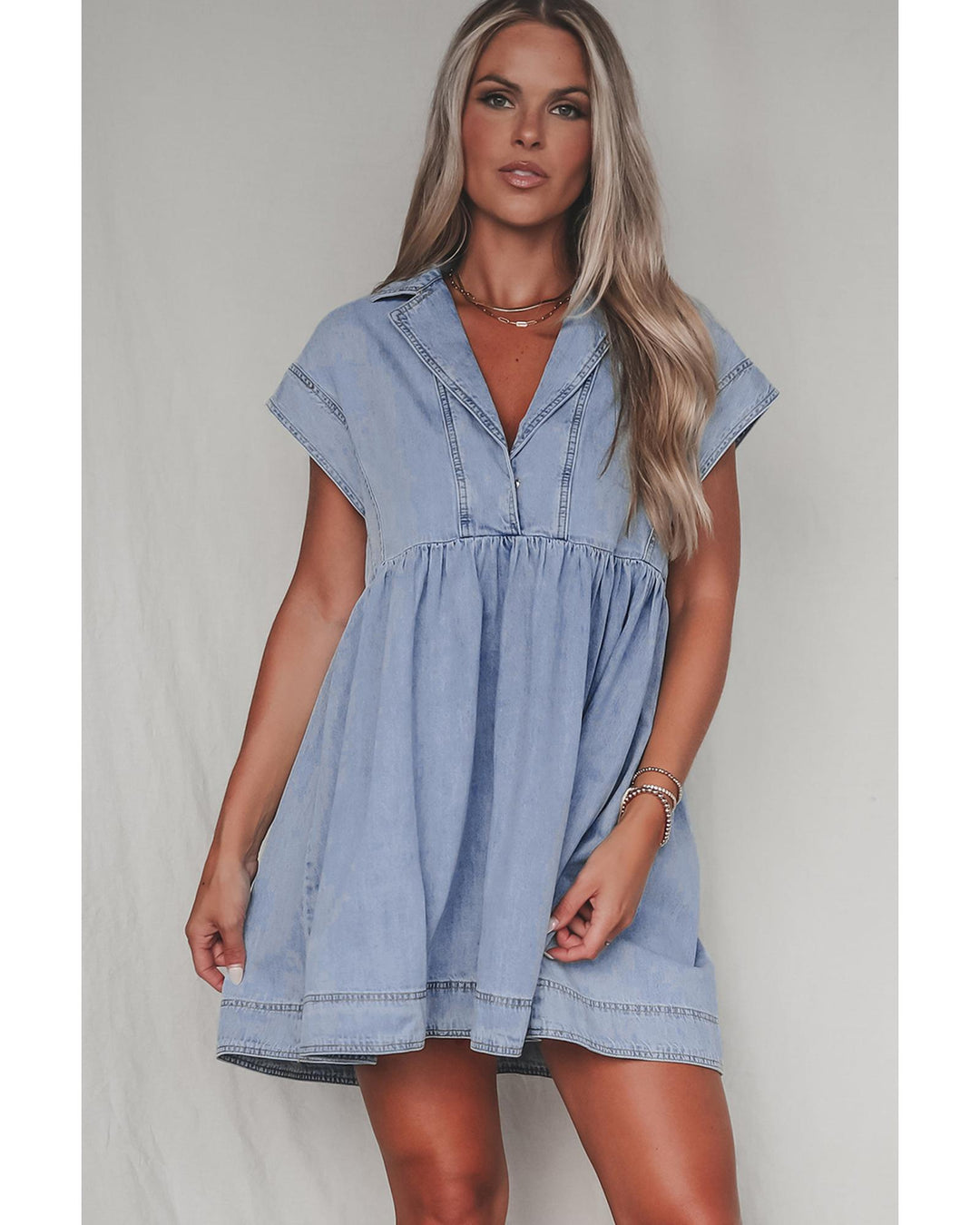 Beau Blue Lapel Neck Cap Sleeve High Waist Denim Babydoll Dress - L