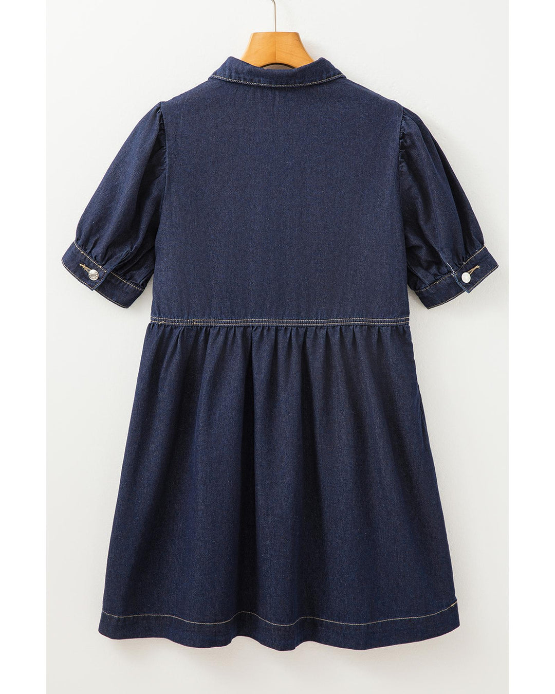 Dirty blue Zipped up Bodice Collared Short Puff Sleeve Denim Dress - M