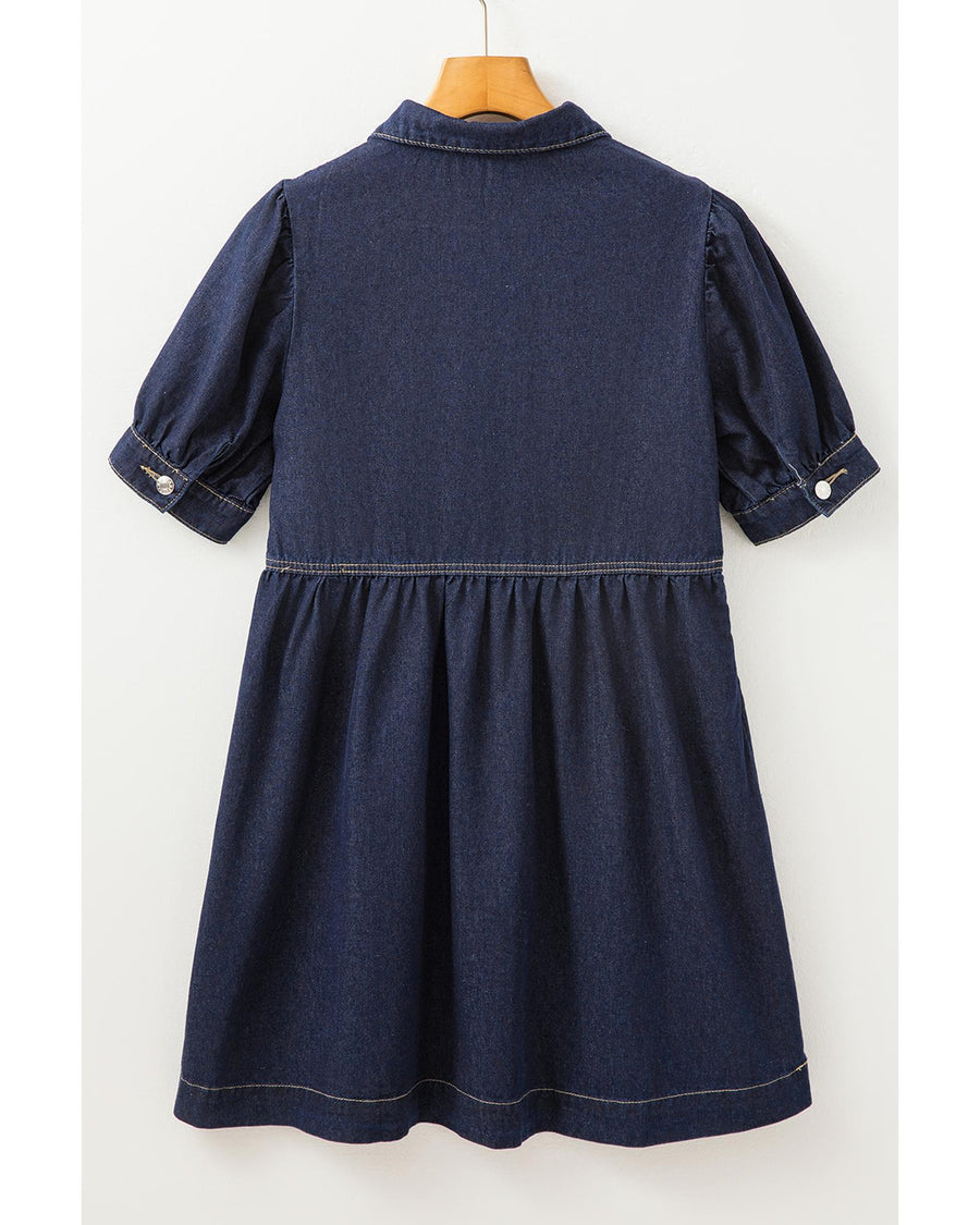 Dirty blue Zipped up Bodice Collared Short Puff Sleeve Denim Dress - M