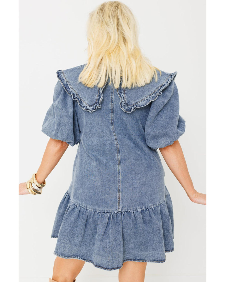 Dusk Blue Ruffled Collared Side Pockets Puff Sleeve Denim Mini Dress - S