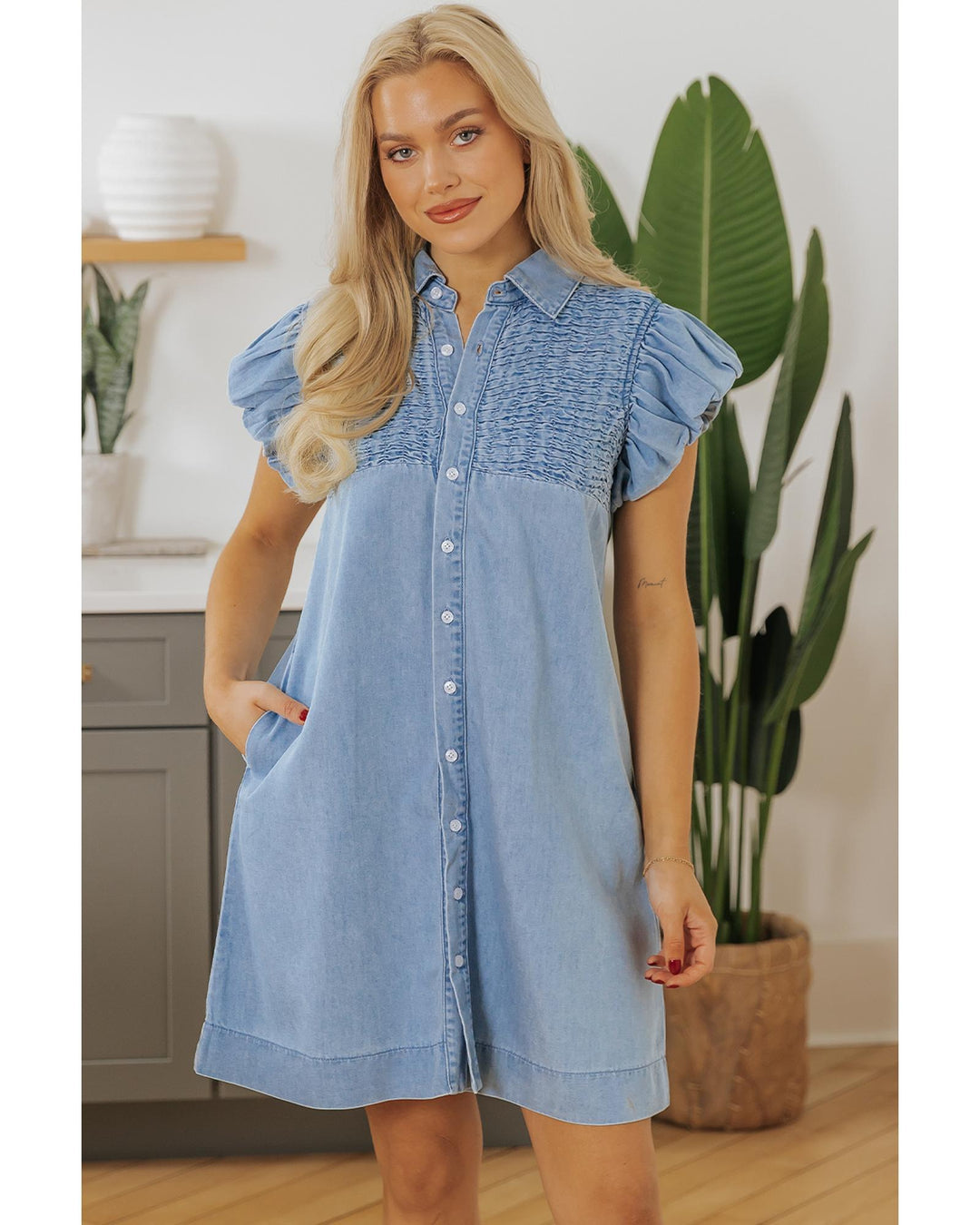 Beau Blue Flutter Sleeve Shirred Detail Button Up Denim Mini Dress - M