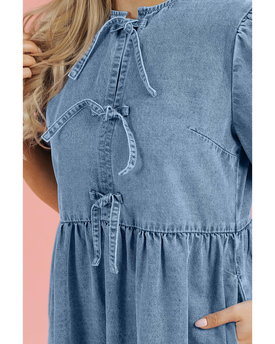Dusk Blue Bowknot Bubble Sleeve Short Denim Dress - L