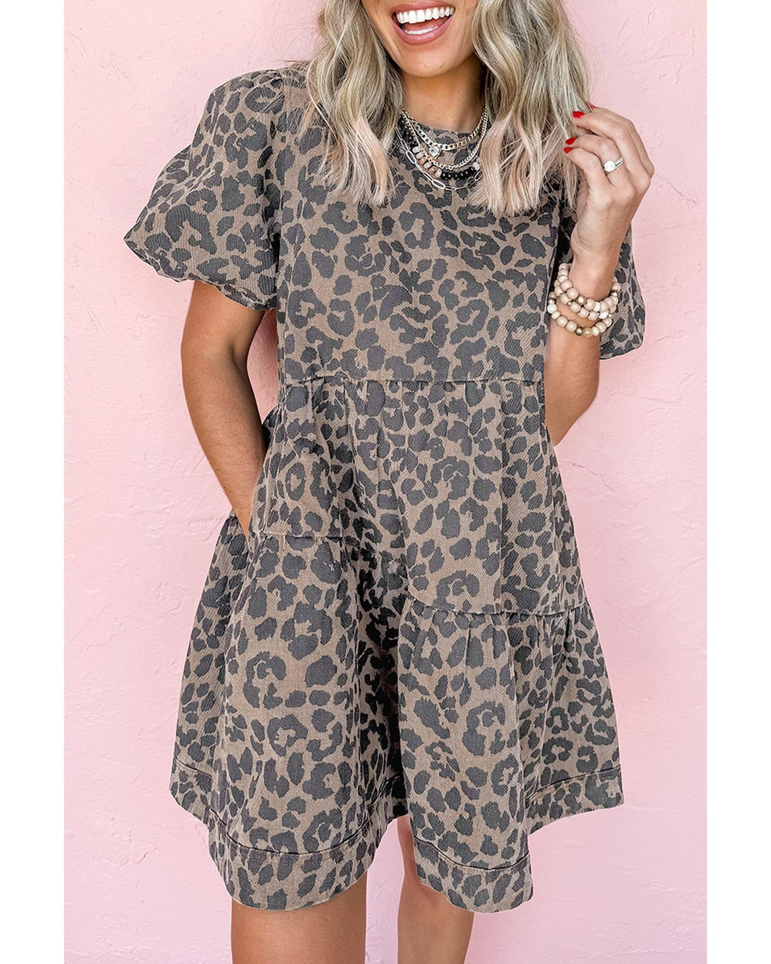 Brown Denim Leopard Printed Short Puff Sleeve Mini Dress - M
