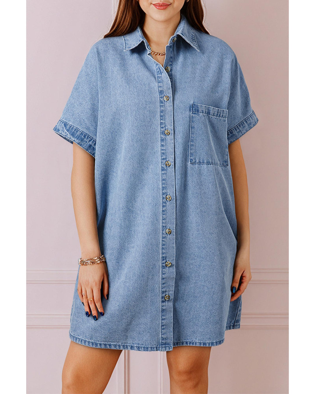 Dusk Blue Short Sleeve Pocketed Button up Denim Tunic Dress - S