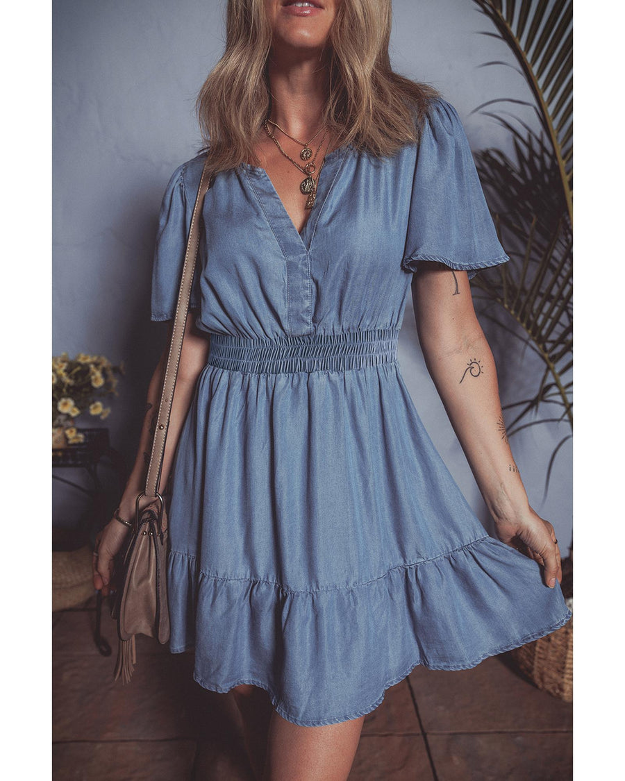 Ashleigh Blue Ruffled V Neck Smocked High Waist Denim Mini Dress - M