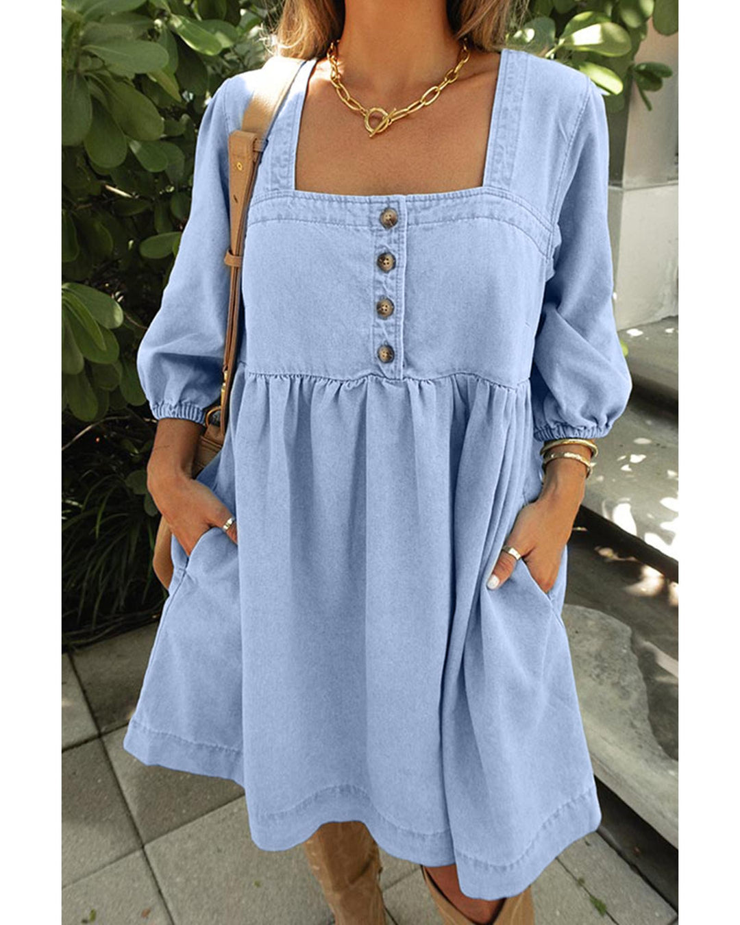 Beau Blue Denim Button Detail Babydoll Square Neck Mini Dress - L