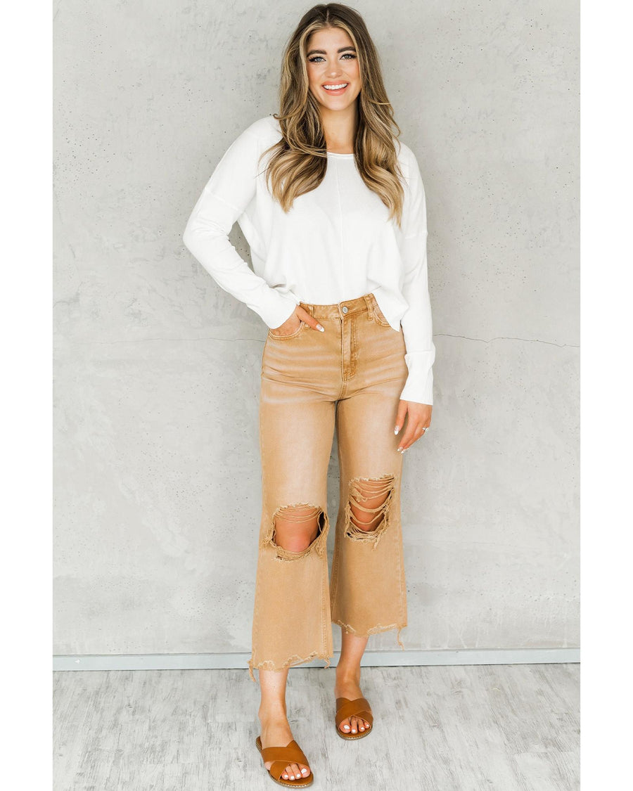 Brown Distressed Hollow-out High Waist Cropped Flare Jeans - 10 US