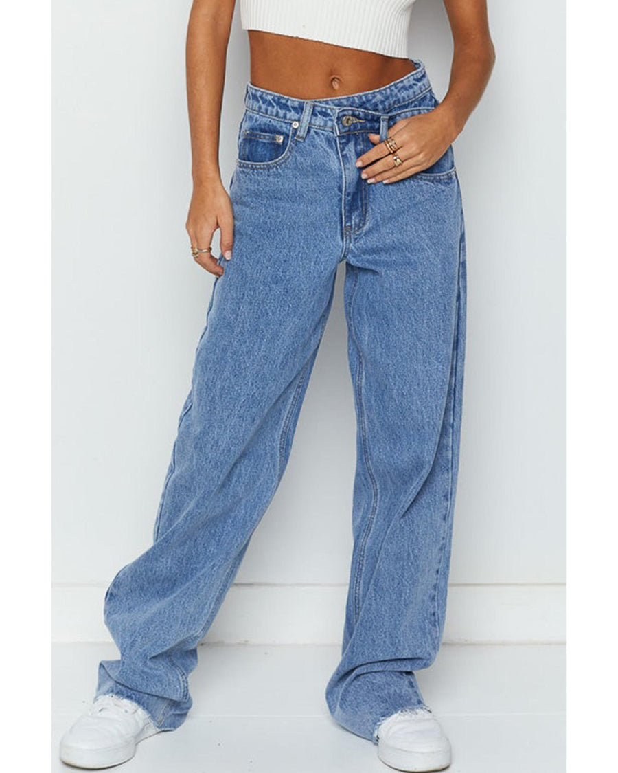 Blue Mid Rise Asymmetrical Waist Wide Leg Jeans - 6 US