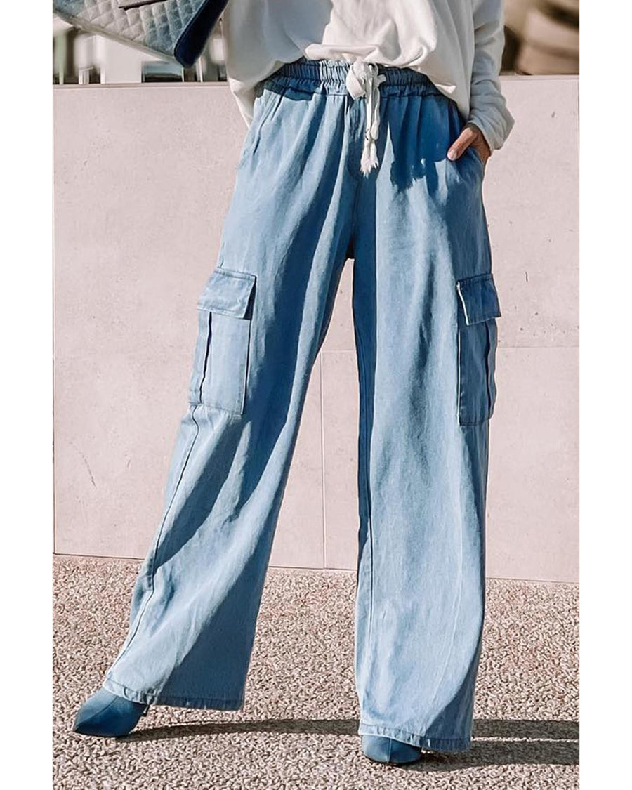 Sky Blue Drawstring High Waist Cargo Pocket Wide Leg Jeans - L