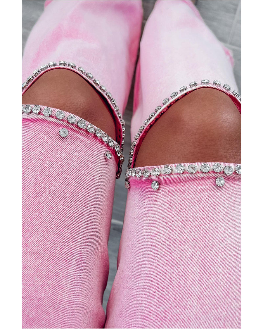 Pink High Waist Rhinestone Cutout Wide Leg Jeans - 12 US