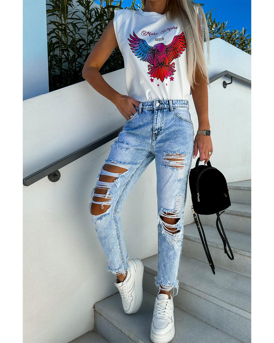 Sky Blue Acid Wash Distressed Slim Fit Jeans - 14 US