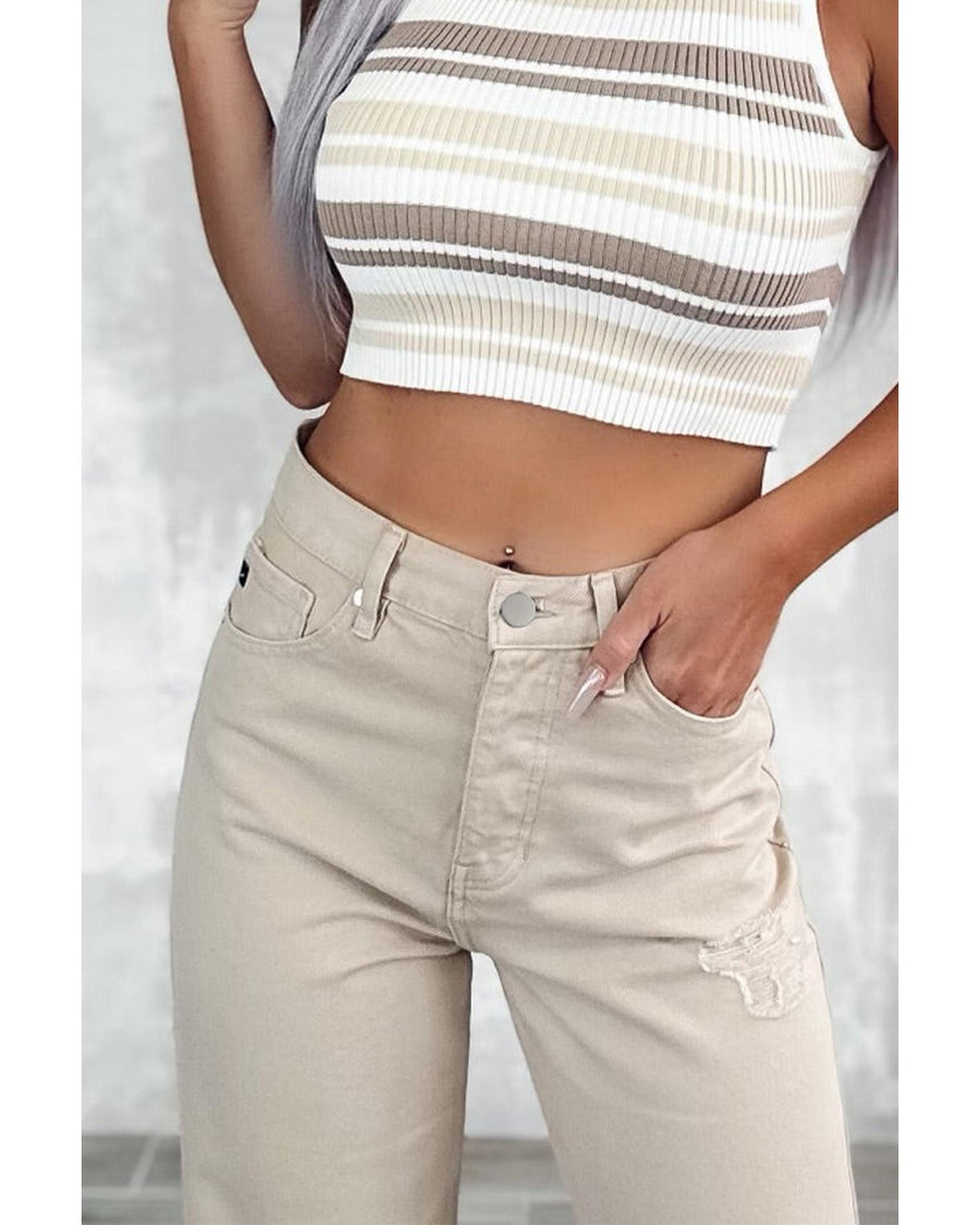Khaki High Waist Ripped Wide-Leg Jeans - 14 US