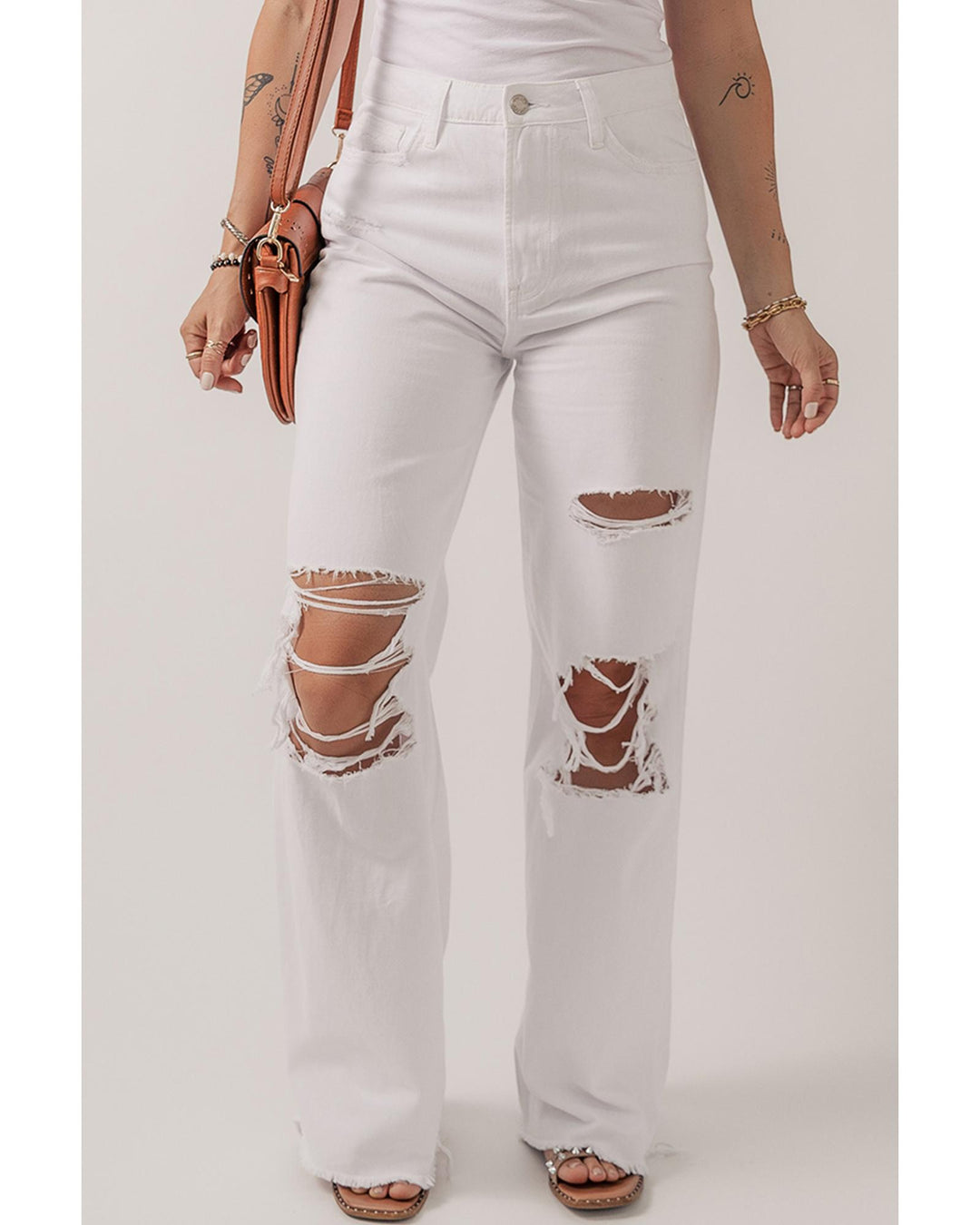 Bright White Heavy Distressed Straight Leg Jeans - 14 US
