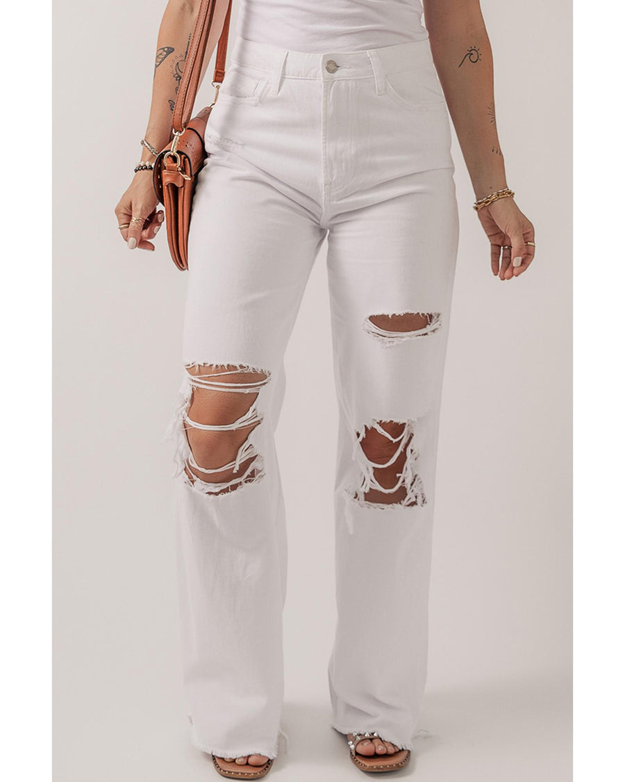Bright White Heavy Distressed Straight Leg Jeans - 14 US