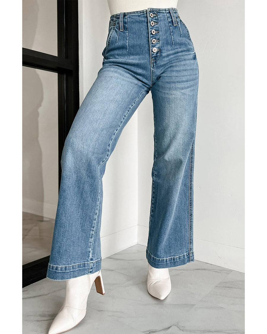 Dusk Blue Multi Buttons Medium Wash Straight Loose Leg Jeans - 12 US