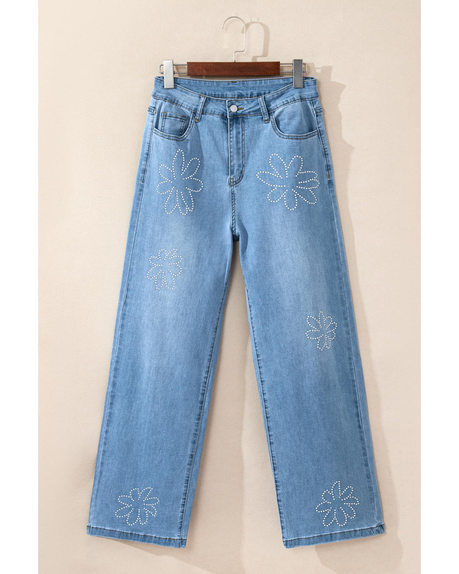 Light Blue Floral Rhinestone Decor High Rise Wide Leg Jeans - 8 US
