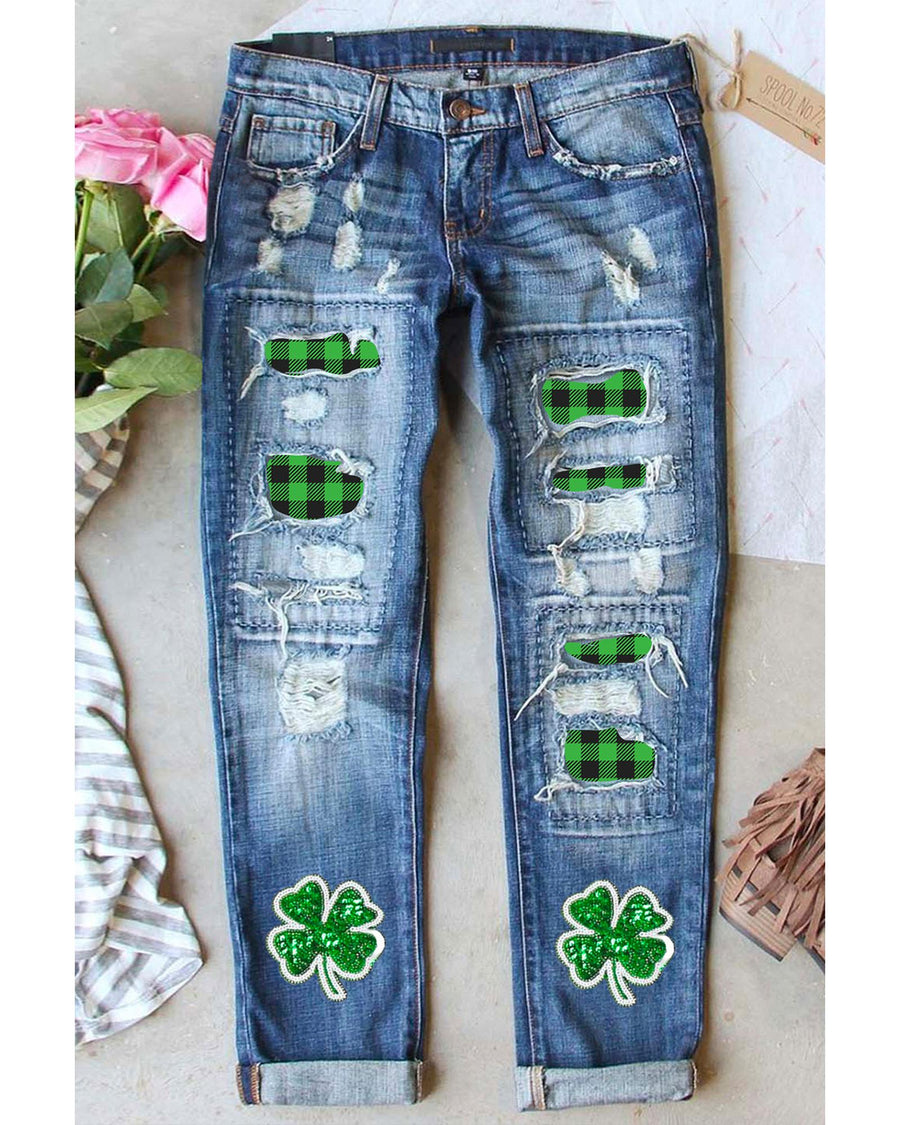 Sky Blue Glitter Clover Patch Plaid Insert Distressed Jeans - 4 US