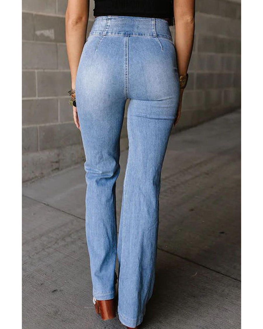 Light Blue Fly Button Exposed Seam Patched Pocket Flare Jeans - 10 US