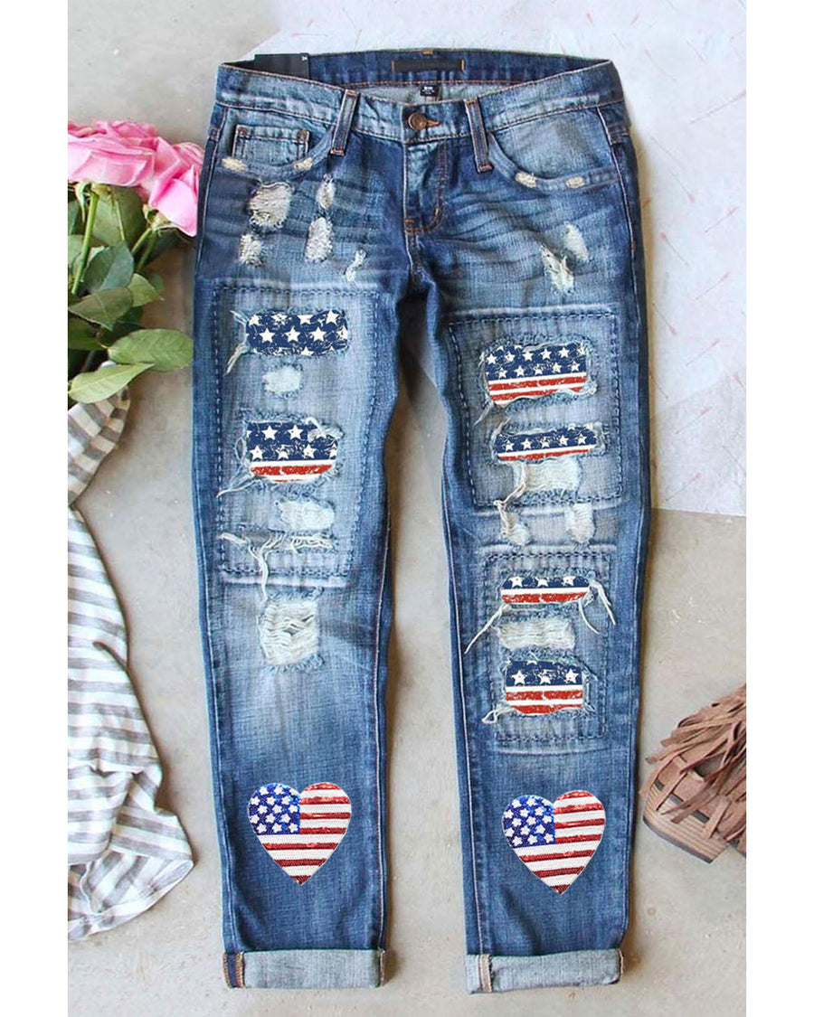 Sky Blue Heart-shape American Flag Patch Frayed Jeans - 18 US