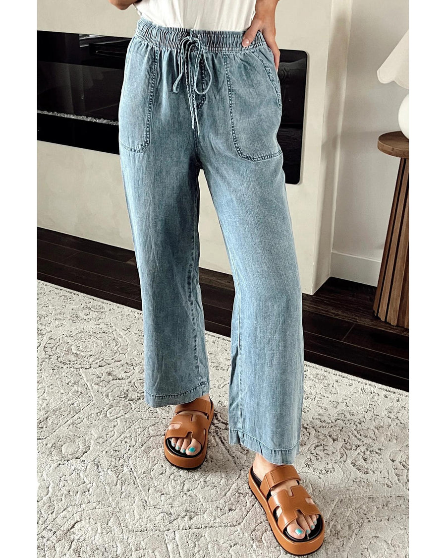 Myosotis Mineral Wash Drawstring Waist Loose Straight Denim Pants - 10 US