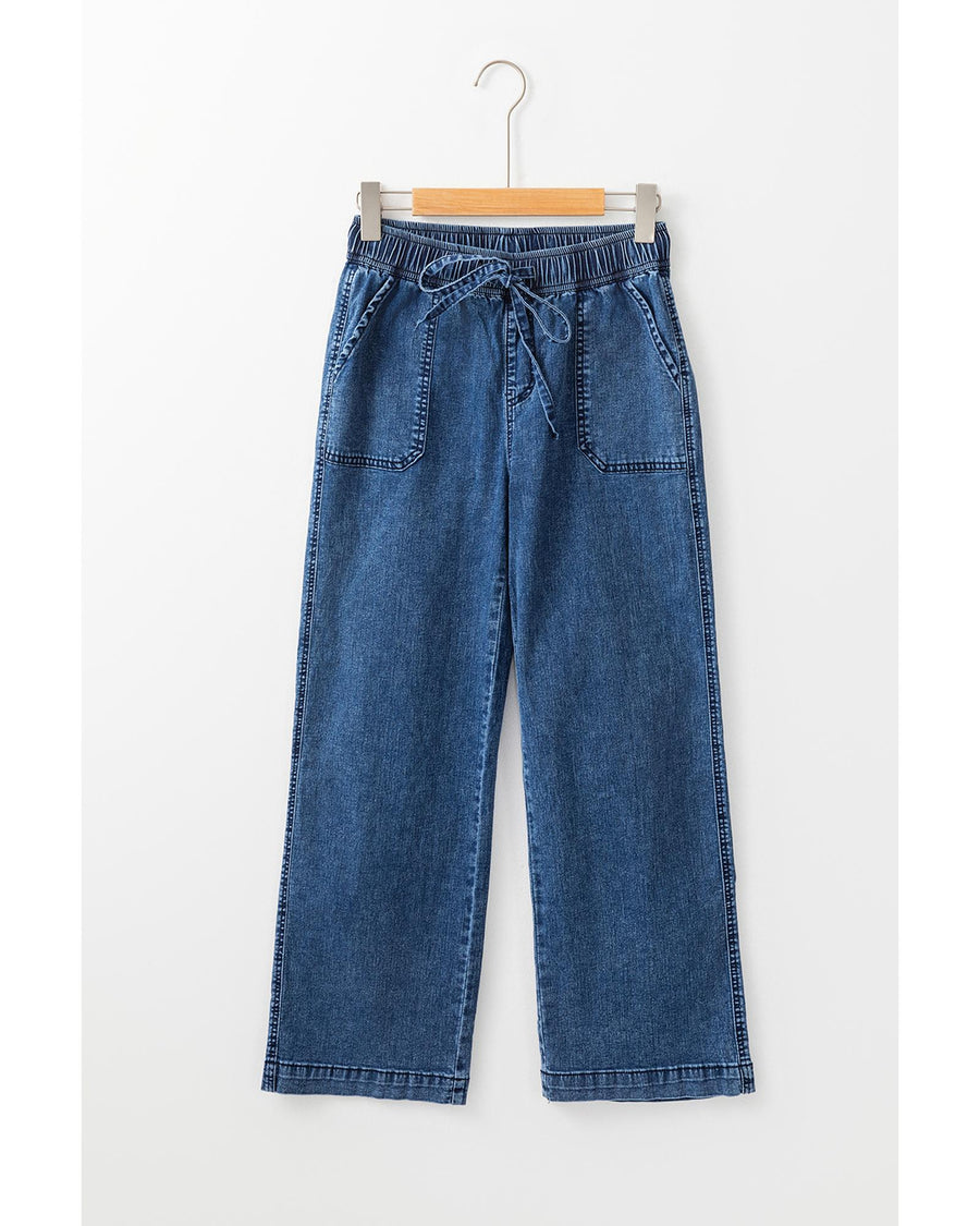 Sail Blue Mineral Wash Drawstring Waist Loose Straight Denim Pants - 14 US
