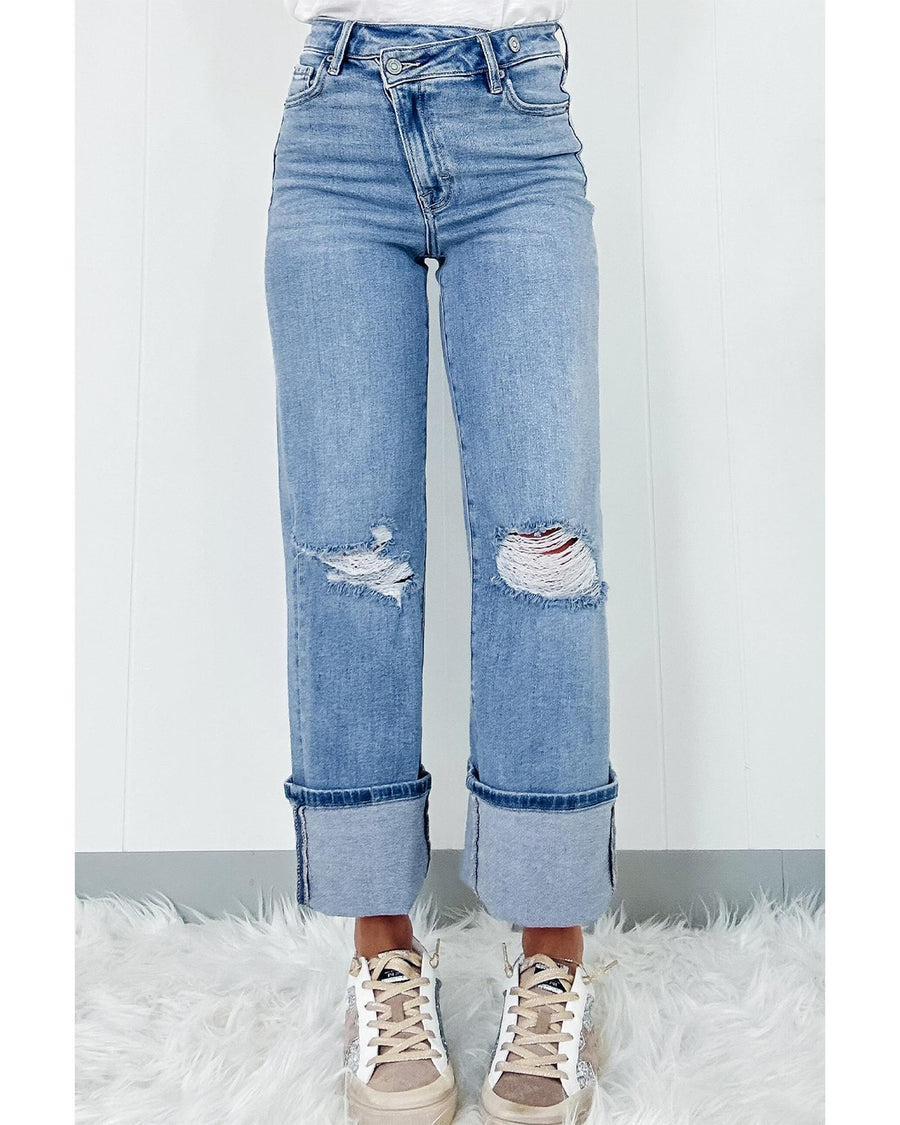 Dusk Blue High Rise Asymmetric Button Zip Fly Ripped Jeans - 12 US