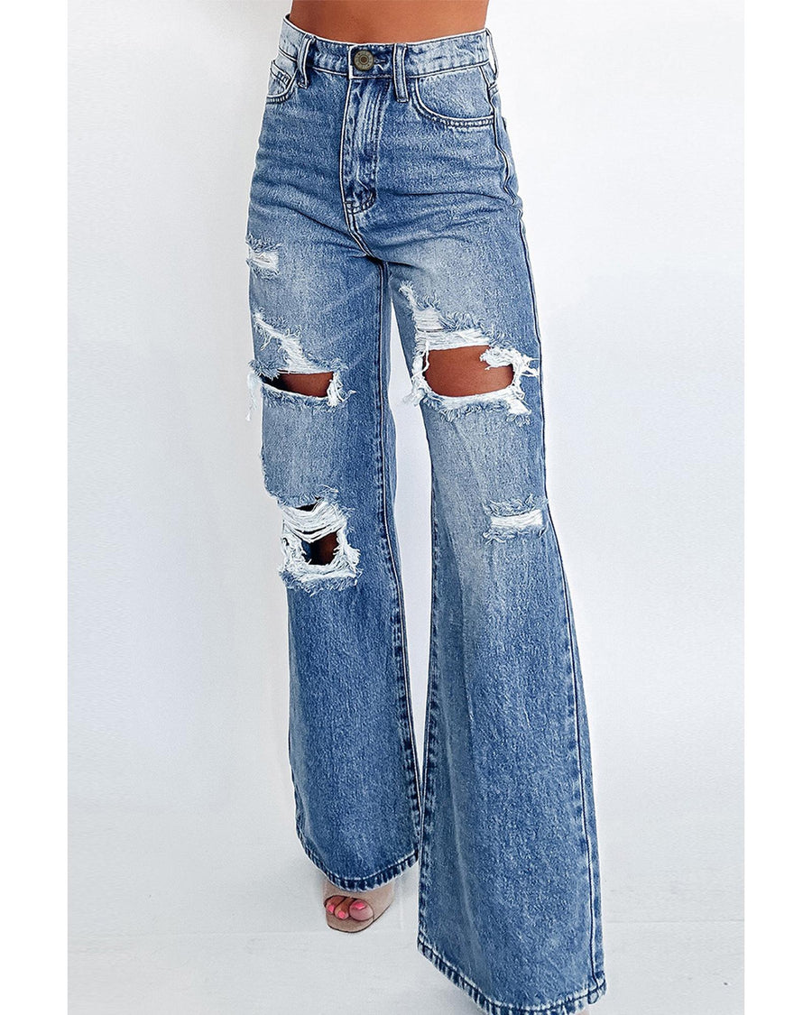 Ashleigh Blue Acid Wash Distressed Wide Leg High Waist Jeans - 12 US