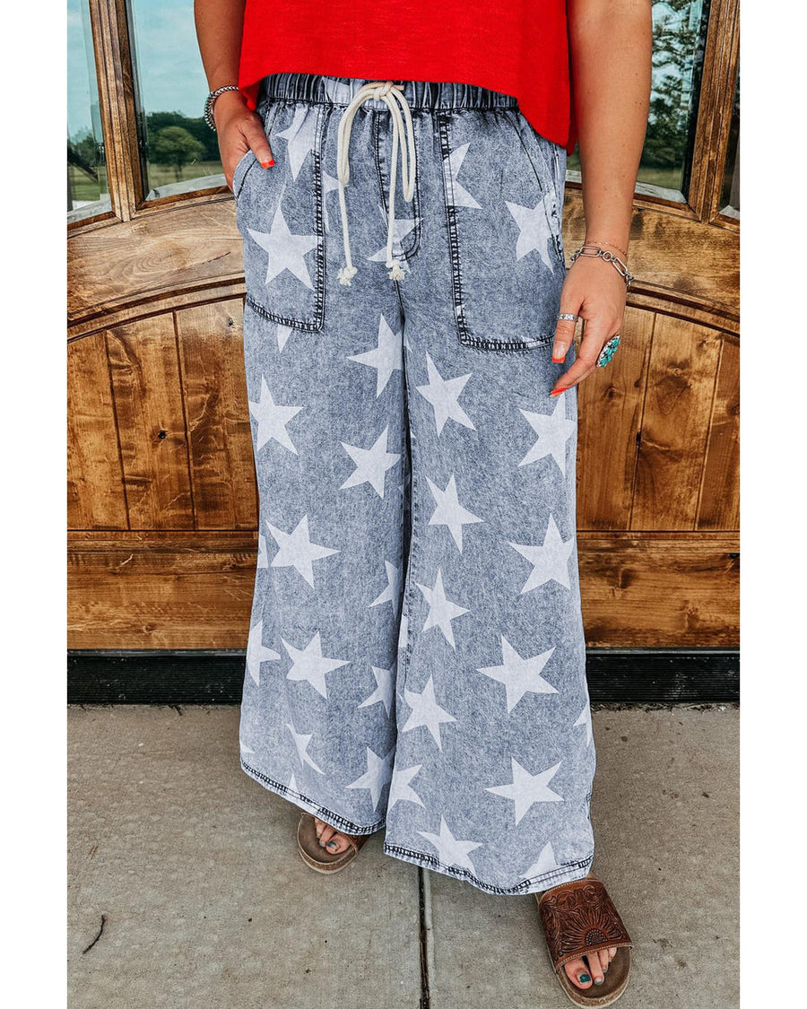 Light Blue Star Print Light Wash Drawstring High Waist Wide Leg Jeans - 6 US