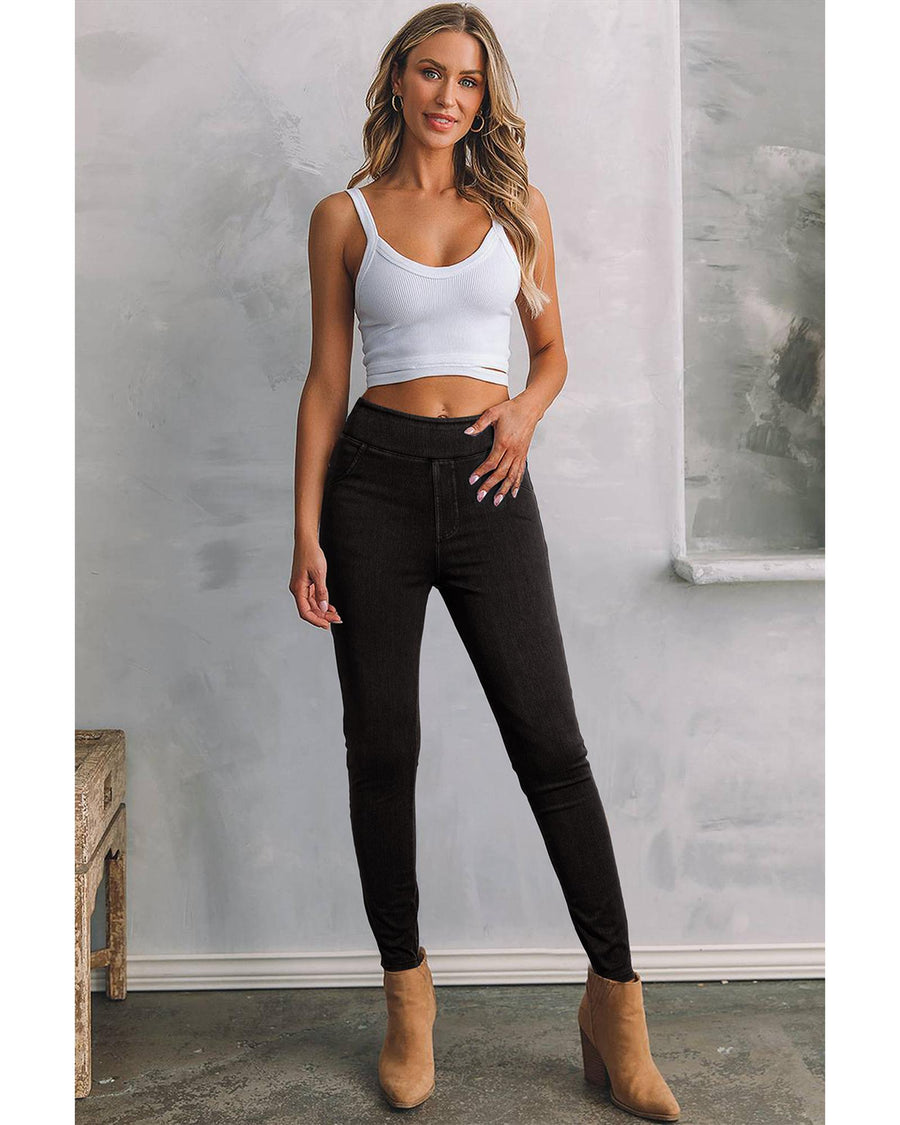 Black Solid Color High Waist Stretchy Slim Fit Jeggings - XL
