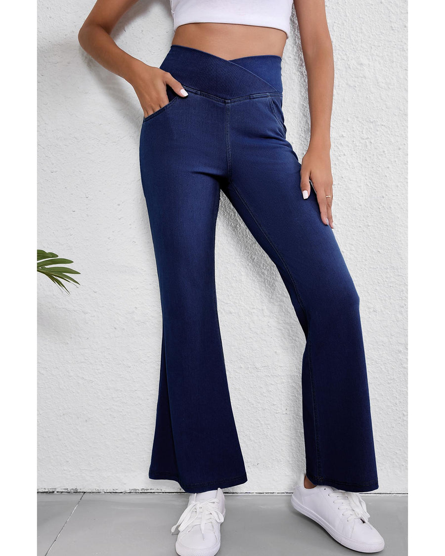 Dusk Blue Solid Crossed Waist High Elastic Fit Flare Knit Jeans - 2XL