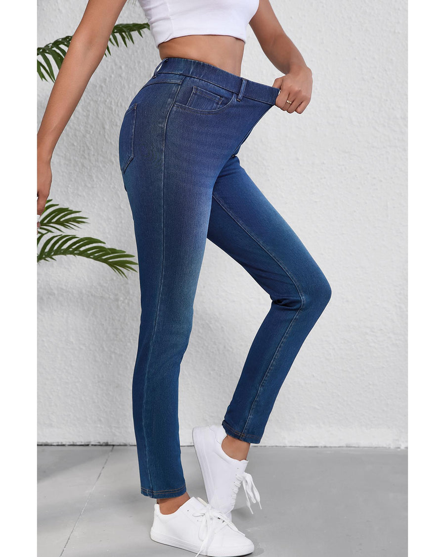 Ashleigh Blue Multiple Pockets Straight Leg Washed Stretchy Knit Casual Jeans - M