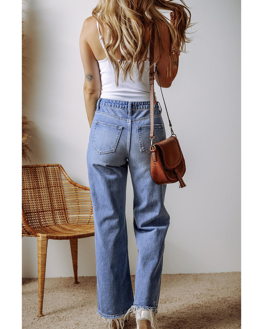 Ashleigh Blue Distressed Raw Hem Straight Leg High Waist Jeans - 10 US