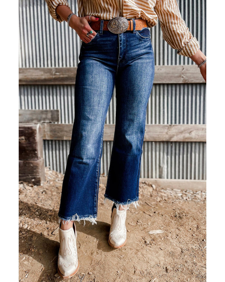 Sail Blue Mineral Wash Raw Hem High Waist Flared Jeans - 16 US