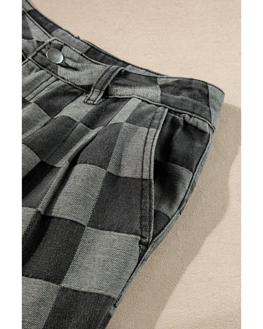 Dark Grey Checkered Denim Wide Leg Jeans - 8 US