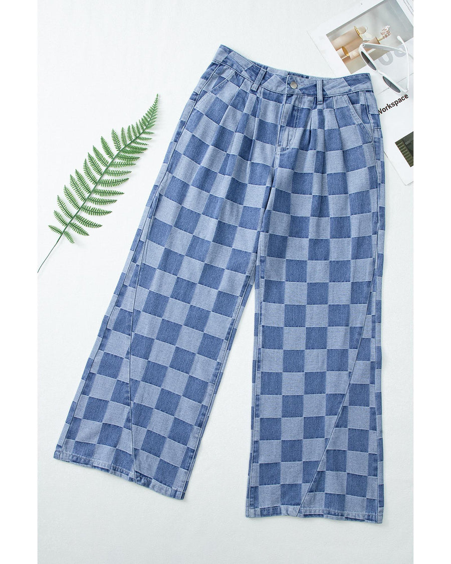 Dusk Blue Checkered Denim Wide Leg Jeans - 10 US