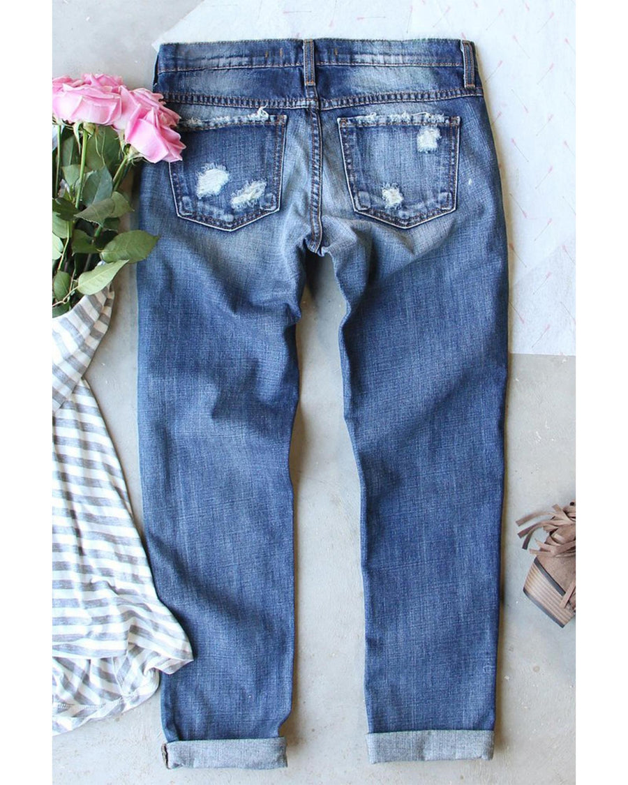 Sky Blue Sequin Rugby Football Patchwork Distressed Straight Leg Jeans - 18 US