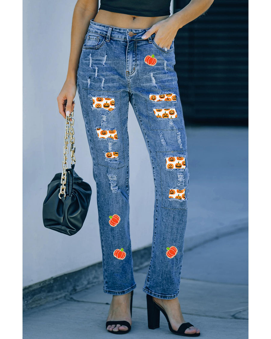 Sky Blue Ripped Pumpkin Patchwork Halloween Straight Jeans - 8 US