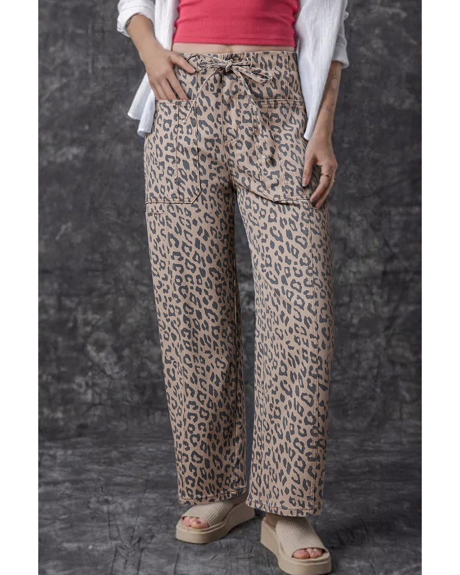 Azura Exchange Khaki Leopard Printed Drawstring Waist Pocketed Wide Leg Jeans - 6 US