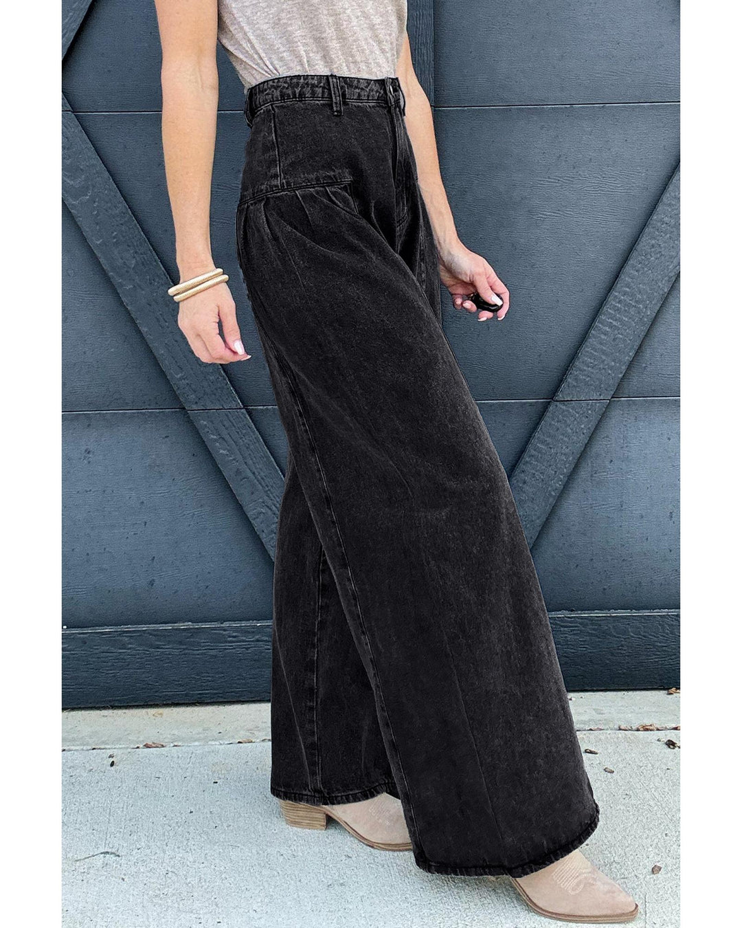 Dark Grey Pleated Wide Leg Mineral Wash Denim Pants - 10 US