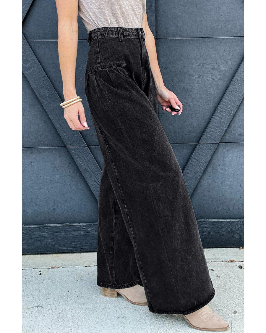 Dark Grey Pleated Wide Leg Mineral Wash Denim Pants - 8 US