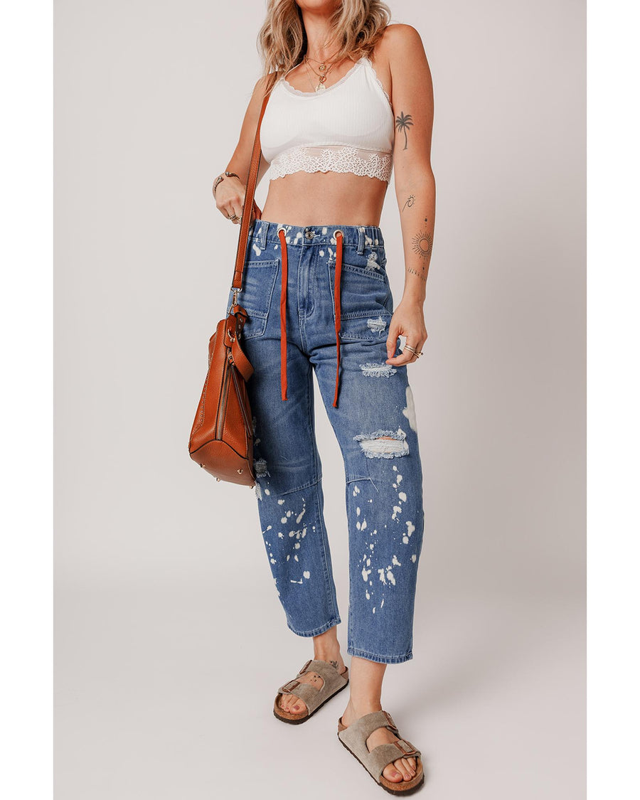 Ashleigh Blue Ripped Splattering Paint Rope Waist Cropped Straight Jeans - 6 US