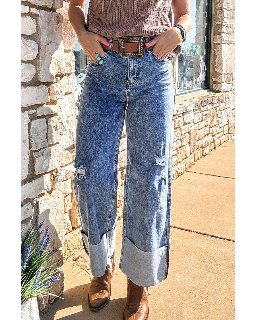 Ashleigh Blue Mineral Wash Bottom Cuff Distressed Wide Leg Jeans - 14 US