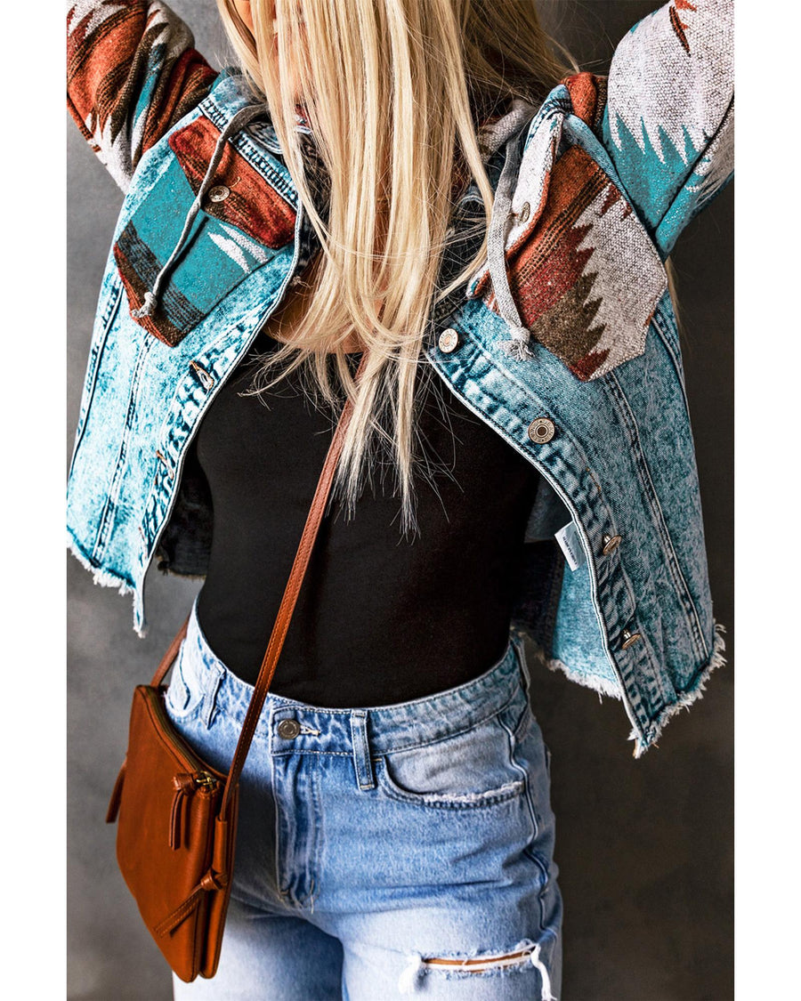 Azura Exchange Multicolor Aztec Print Frayed Hem Denim Jacket - XL