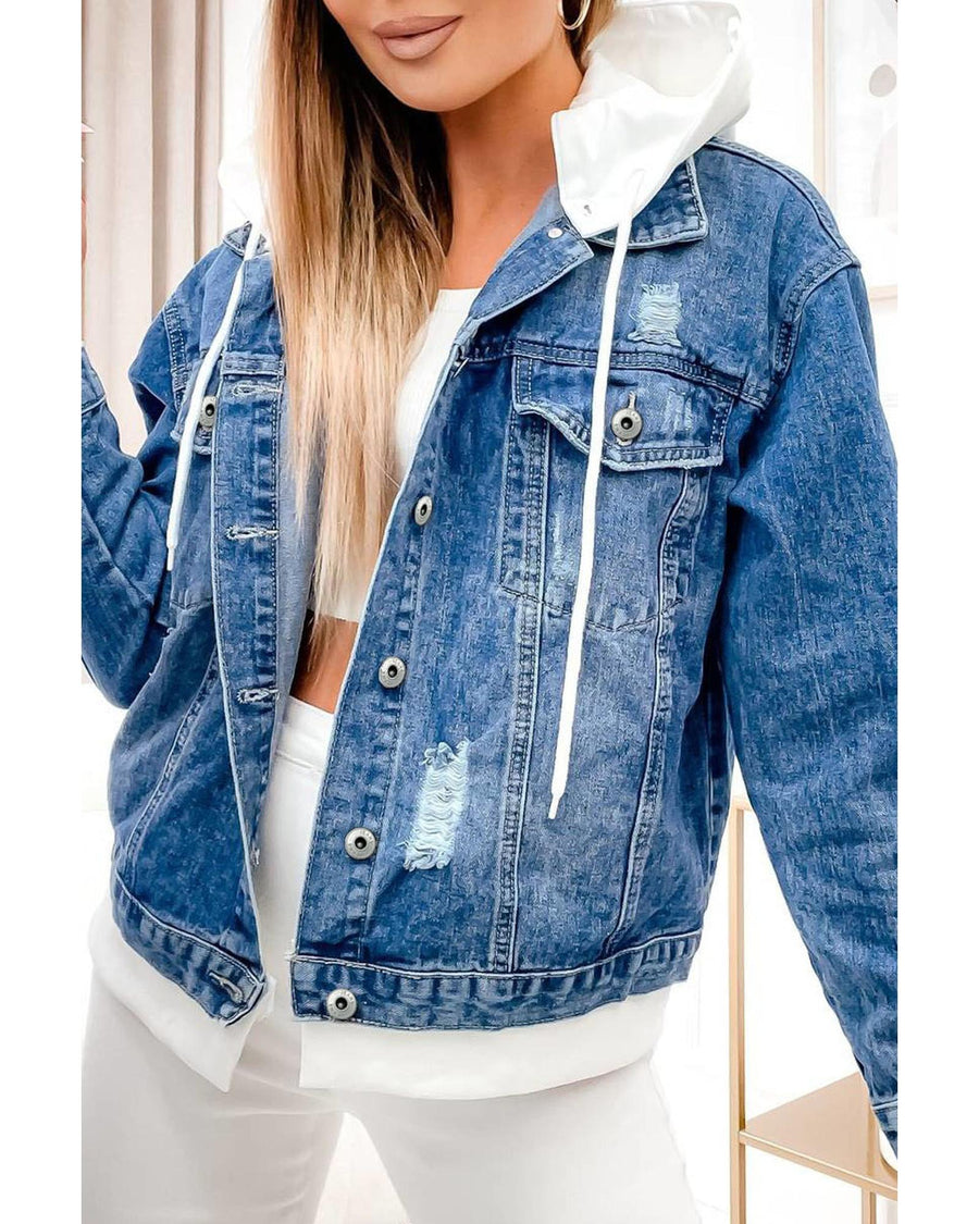 Sky Blue Distressed Contrast Hooded Denim Jacket with Pockets - S
