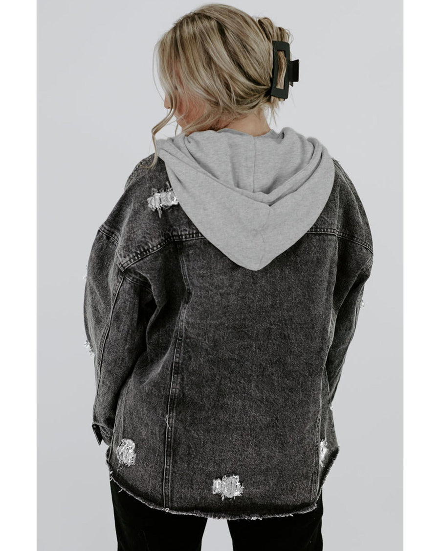 Black Drawstring Hooded Frayed Denim Jacket - L