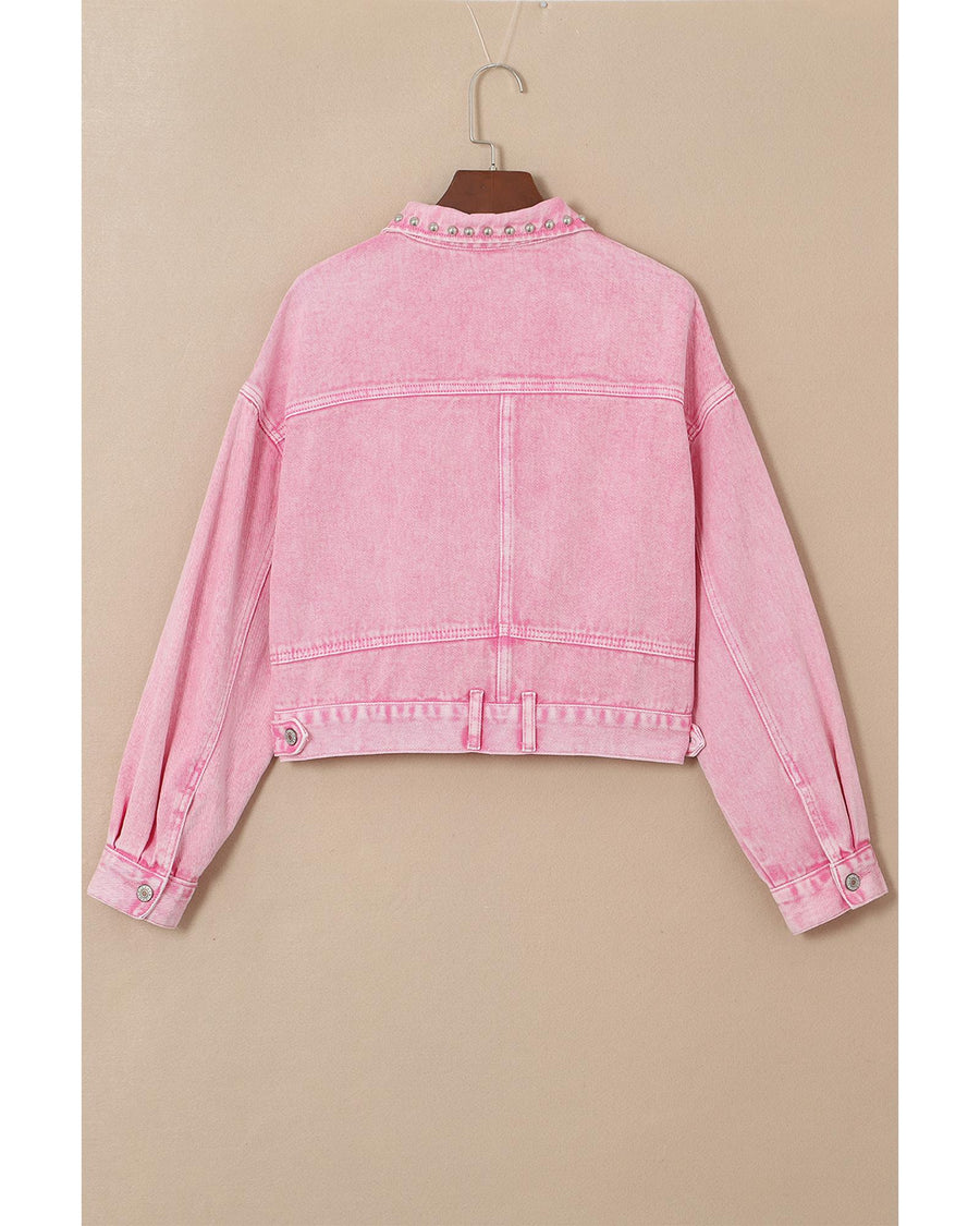 Pink Rivet Studded Pocketed Denim Jacket - M