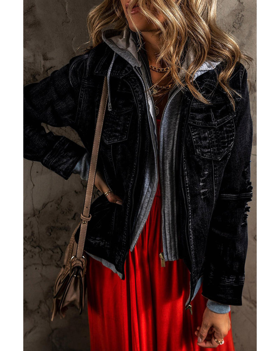 Black Fake Two-Piece Hooded Zip-Up Denim Jacket - S