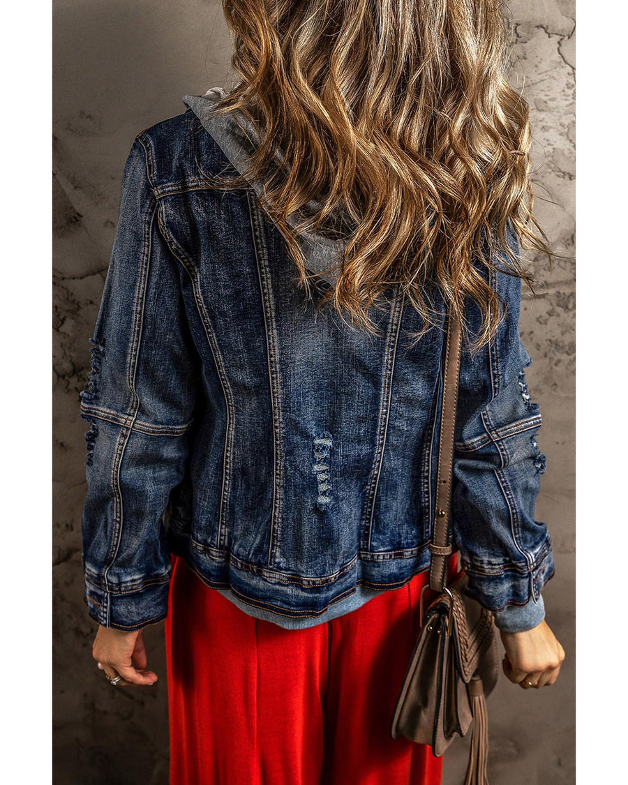 Dark Blue Fake Two-Piece Hooded Zip-Up Denim Jacket - L